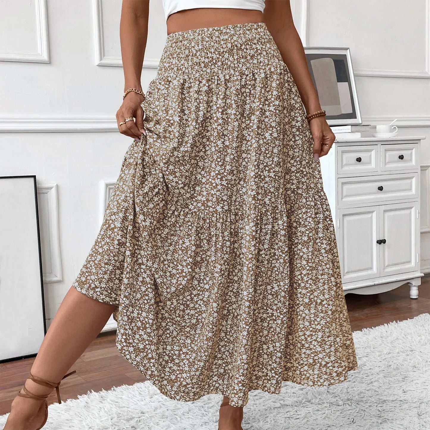 Jupe Plissée Motifs Floraux Taille Élastique Coupe A