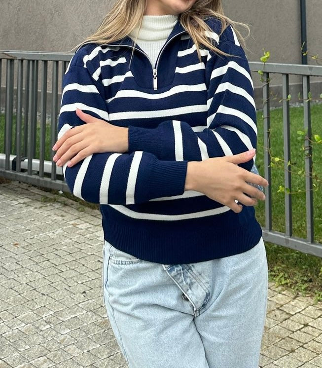 Pull rayé col zippé