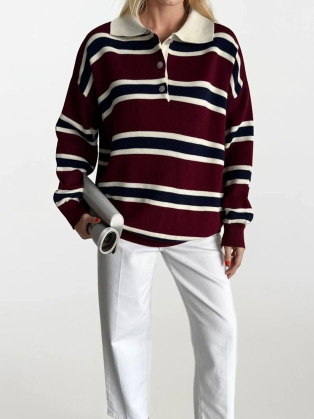 Pull polo rayé bordeaux & crème
