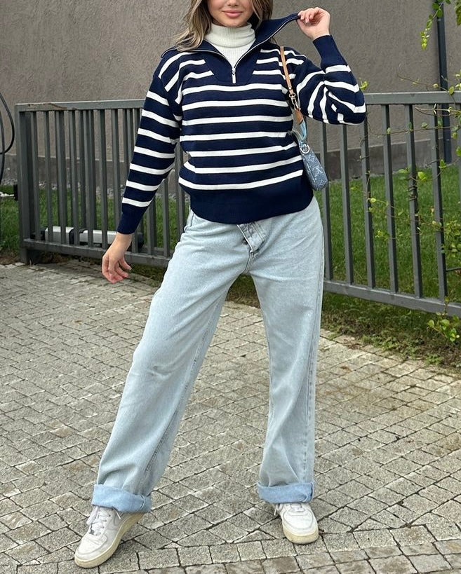 Pull rayé col zippé