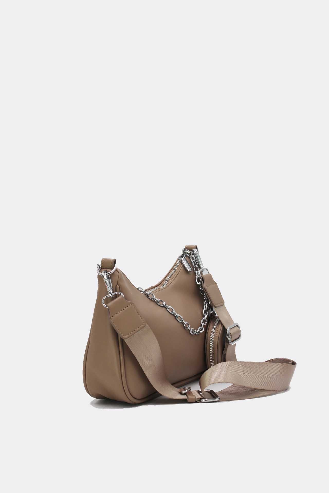Sac bandoulière camel - chaîne argentée + pochette assortie