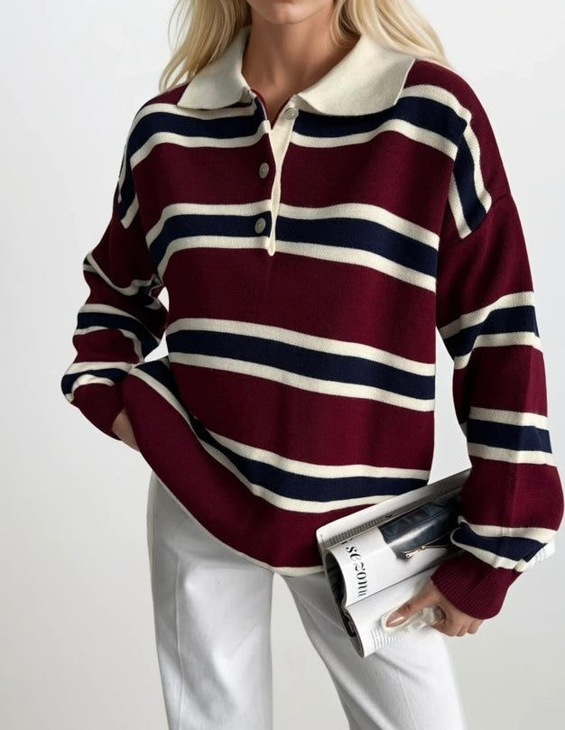 Pull polo rayé bordeaux & crème