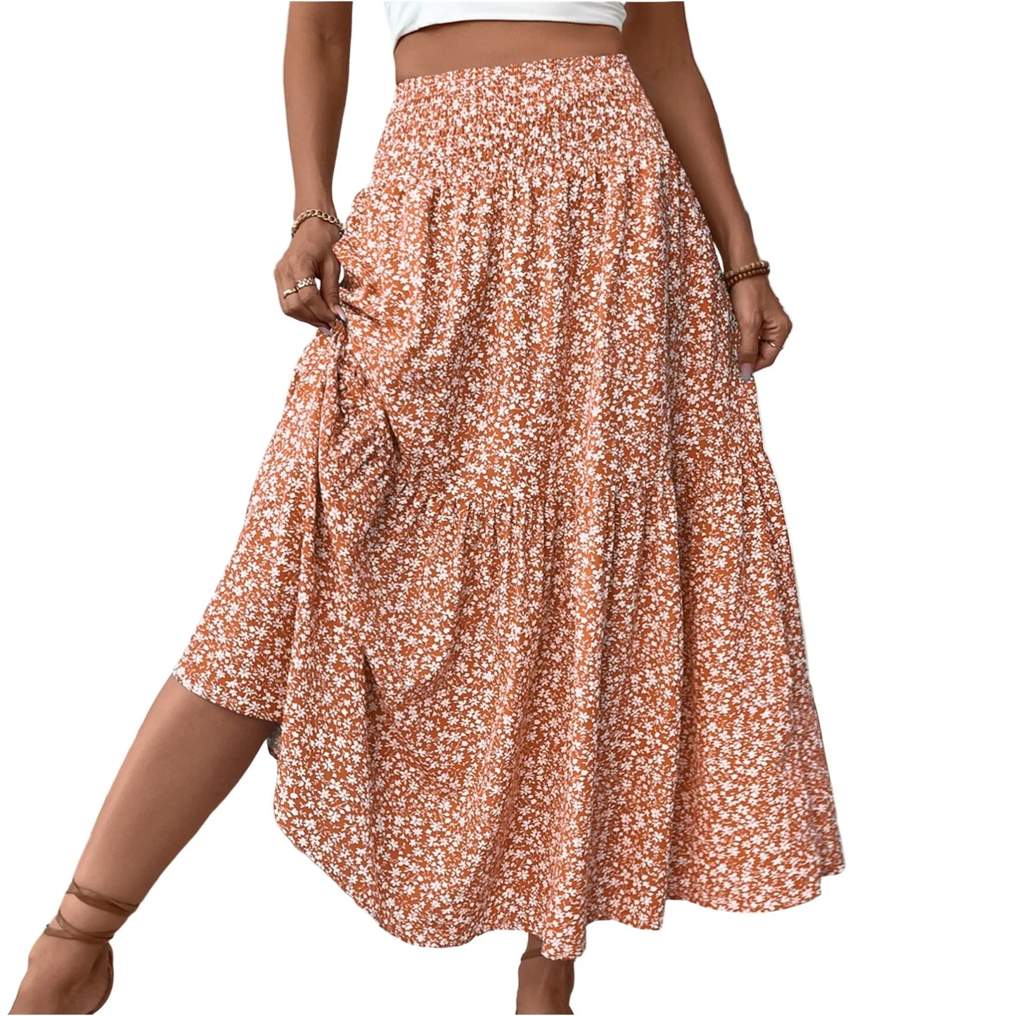 Jupe Plissée Motifs Floraux Taille Élastique Coupe A