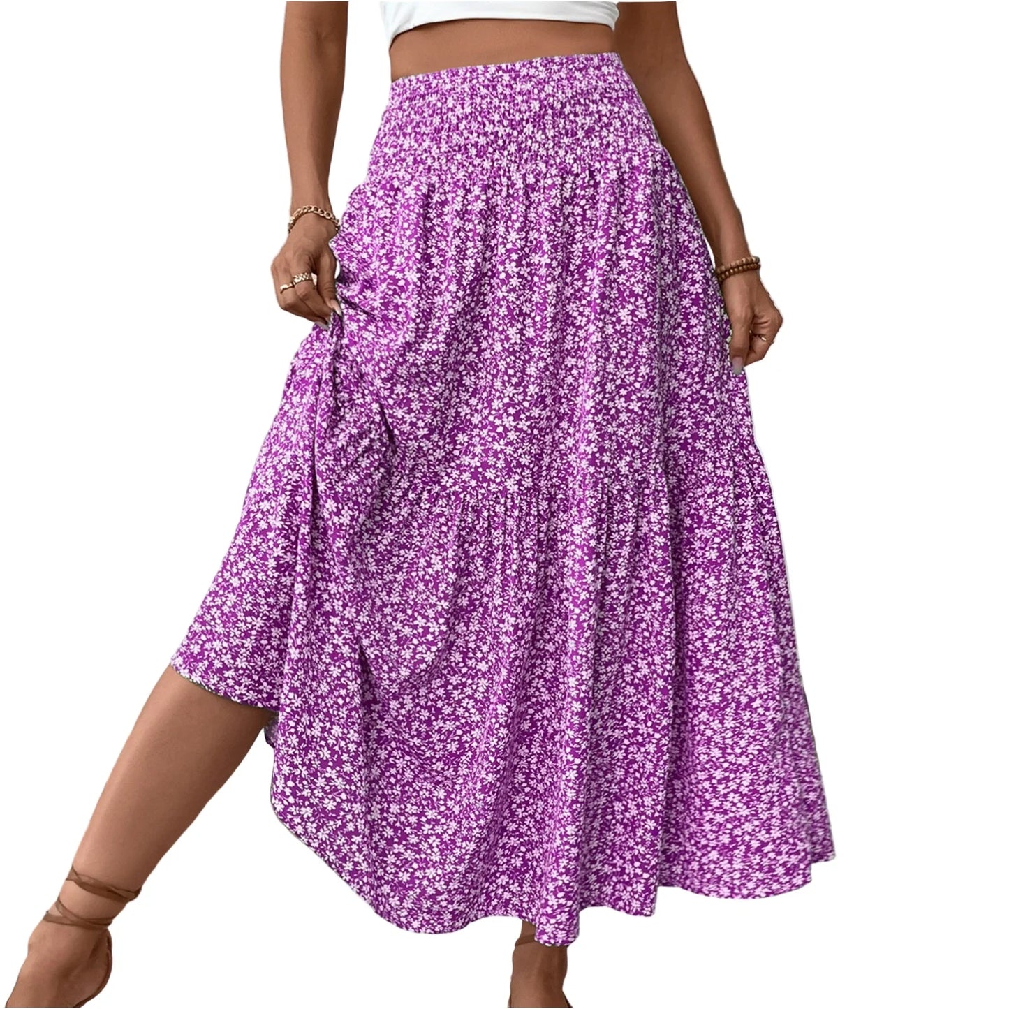 Jupe Plissée Motifs Floraux Taille Élastique Coupe A