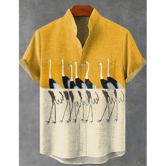 Chemise en Lin pour Homme avec Motif d'Oiseaux