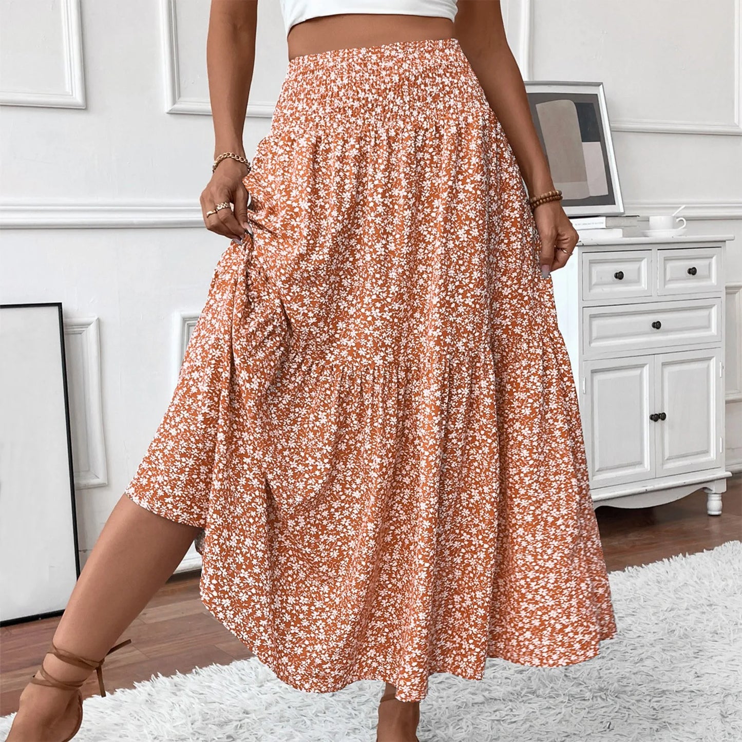 Jupe Plissée Motifs Floraux Taille Élastique Coupe A