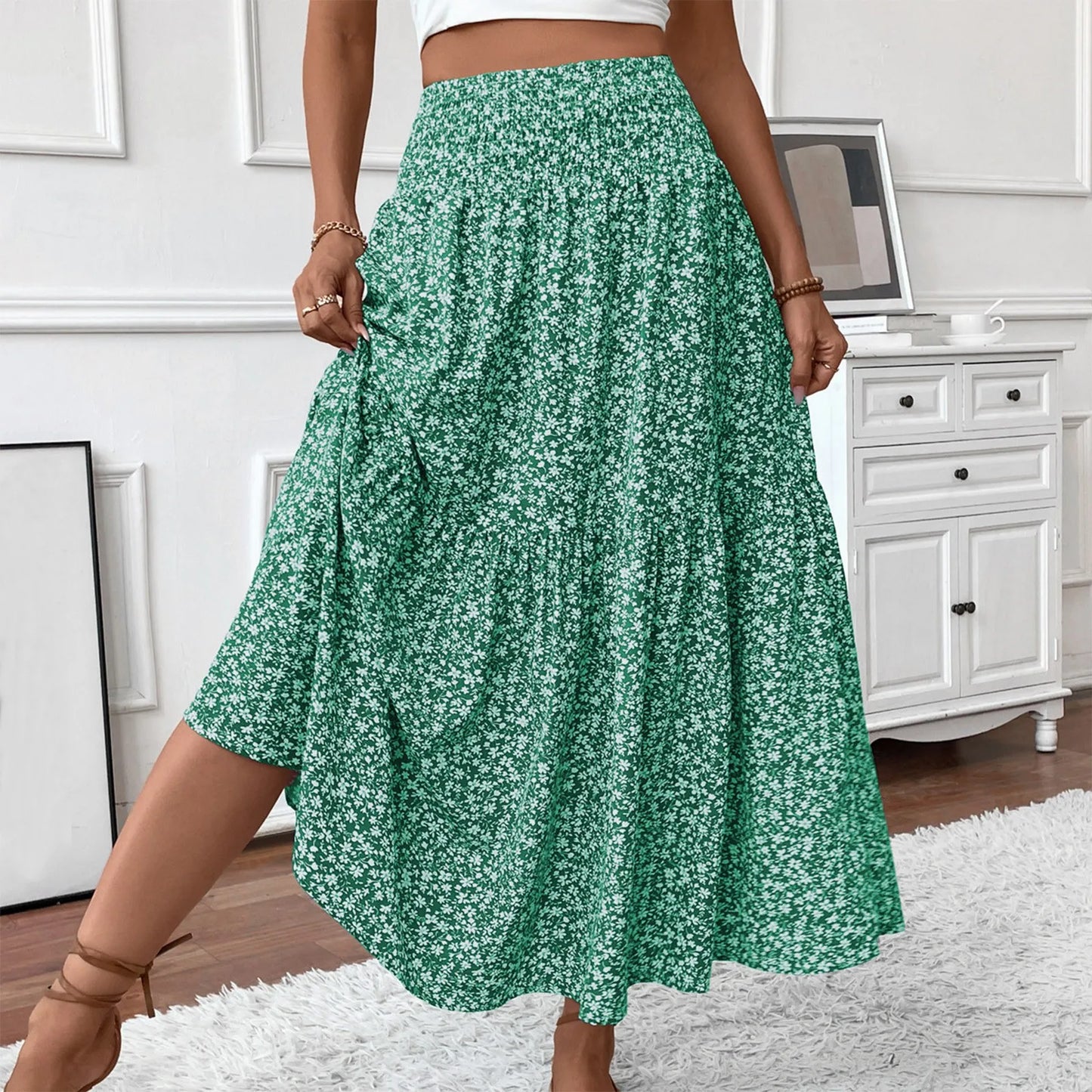 Jupe Plissée Motifs Floraux Taille Élastique Coupe A