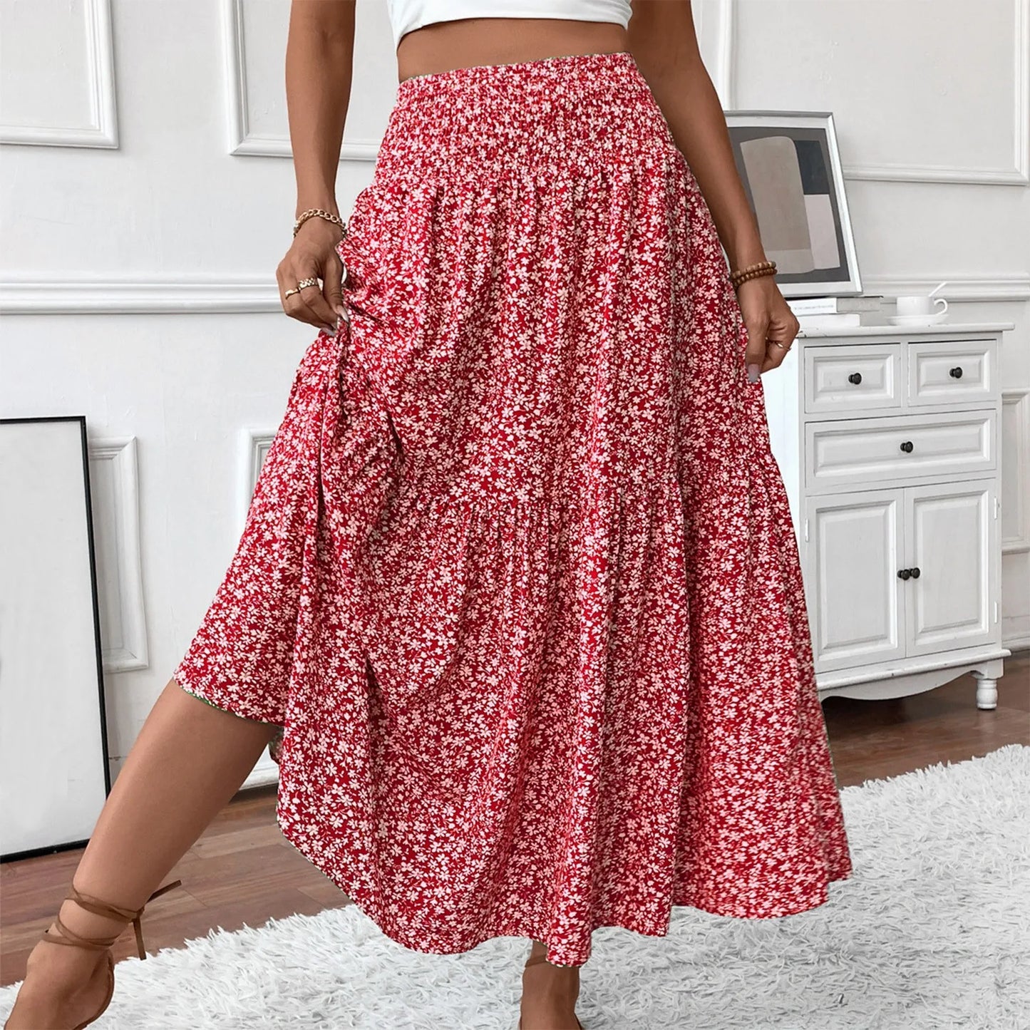 Jupe Plissée Motifs Floraux Taille Élastique Coupe A