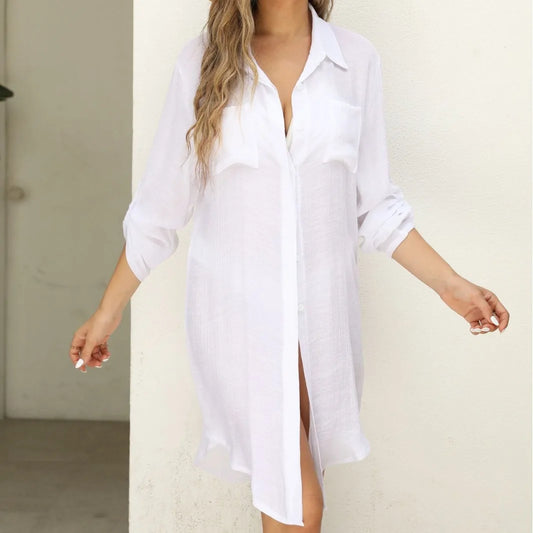 Canwedance Tunique de Plage en Coton pour Femmes - Couleur Unie - Cover-up de Plage - Tenue de Plage - Bikini - Shirt Dress Transparent