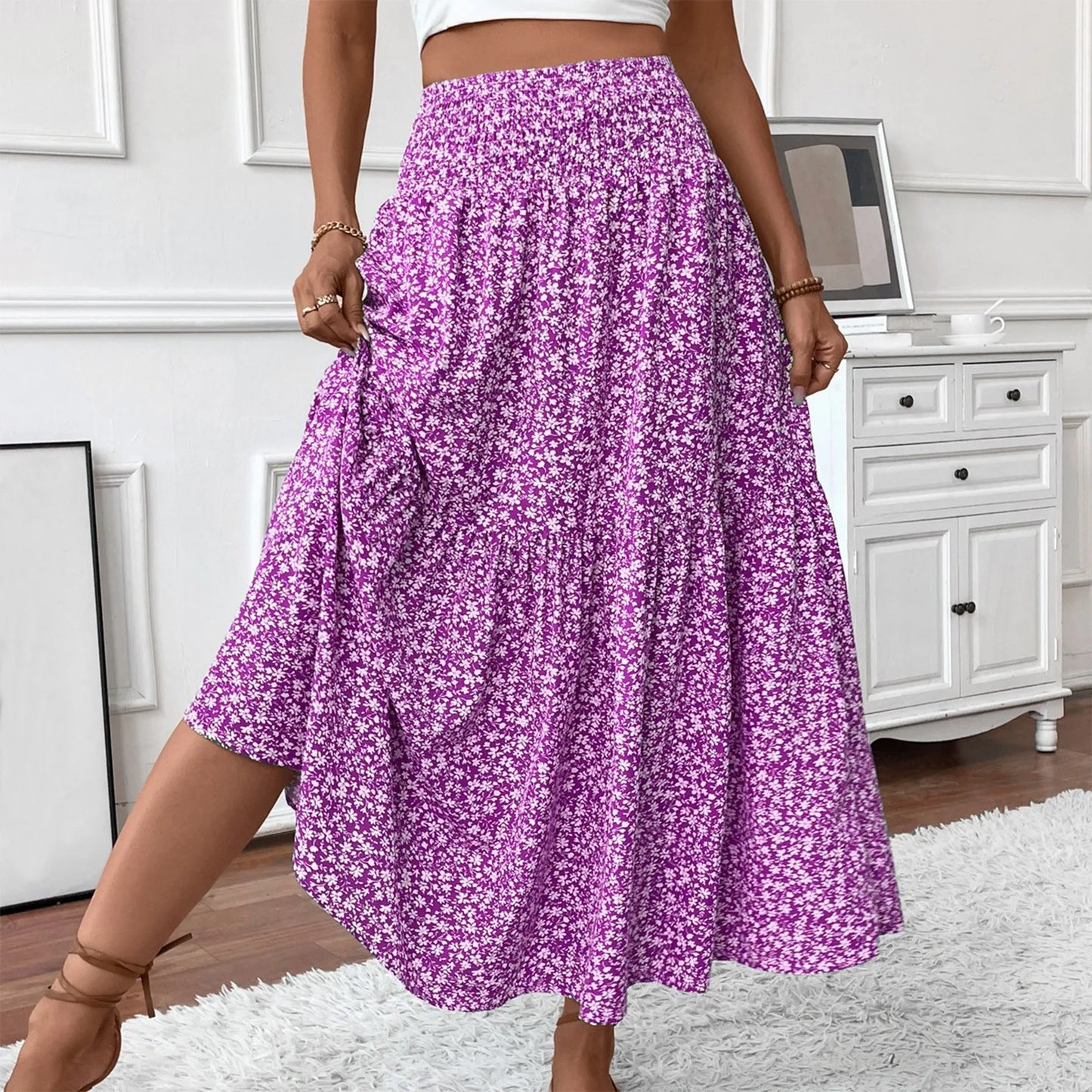 Jupe Plissée Motifs Floraux Taille Élastique Coupe A