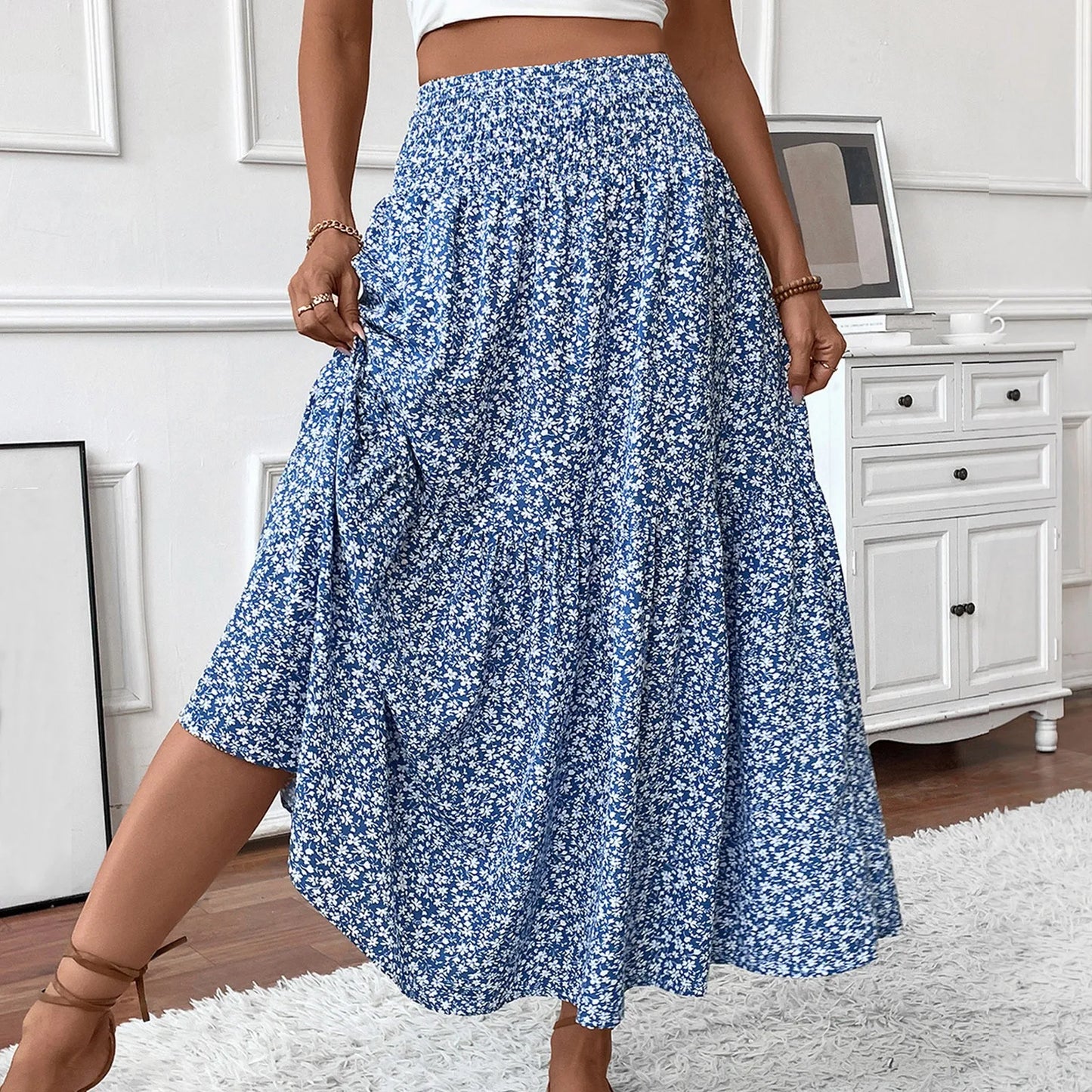 Jupe Plissée Motifs Floraux Taille Élastique Coupe A
