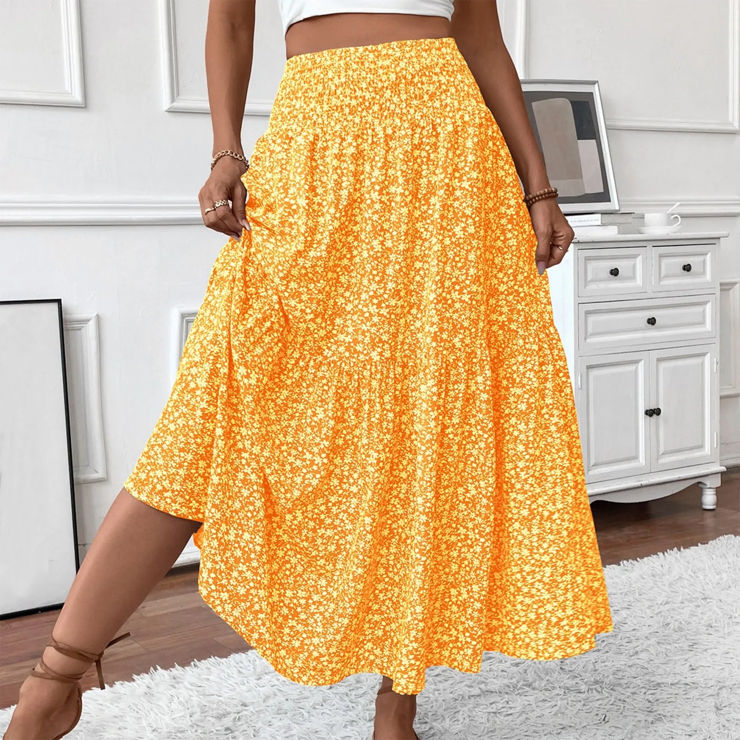 Jupe Plissée Motifs Floraux Taille Élastique Coupe A